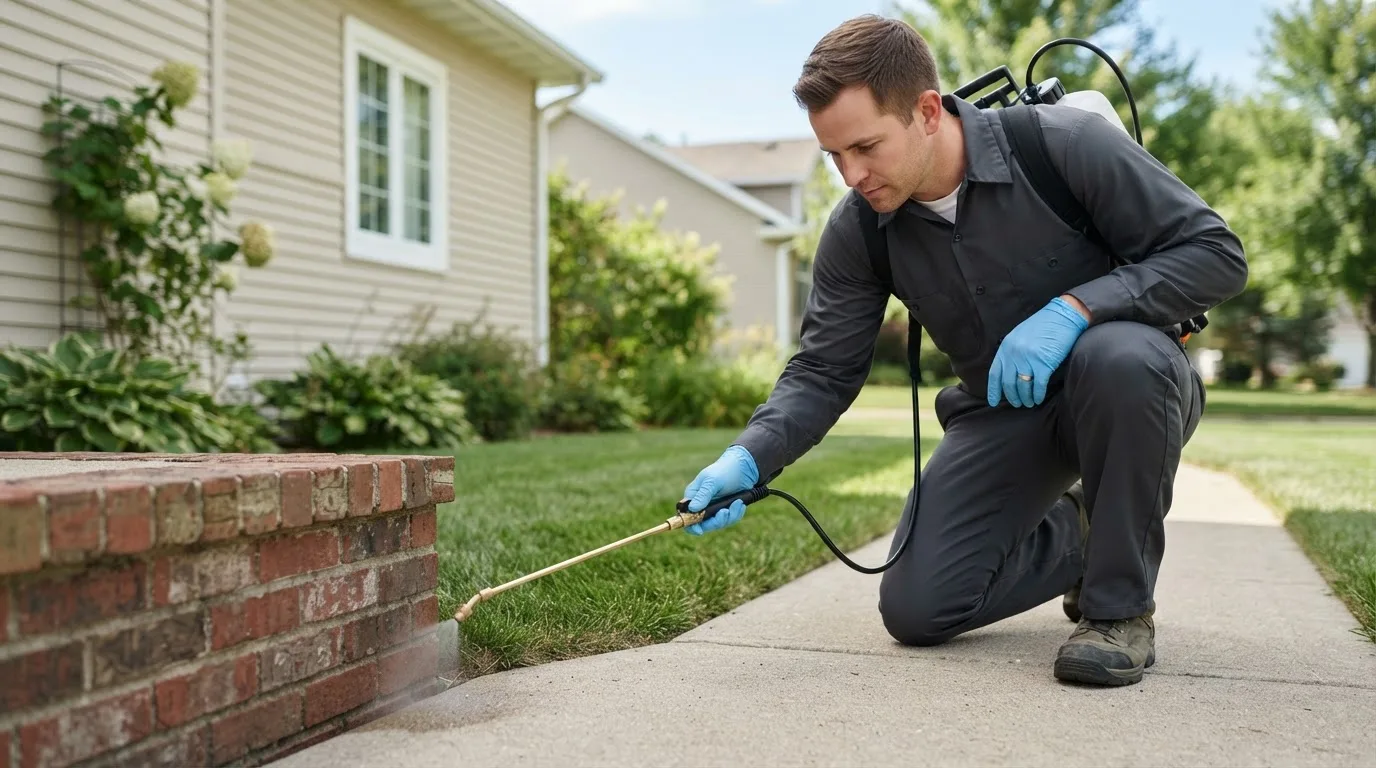 Pest control technician treating a home near Brooklyn, IN